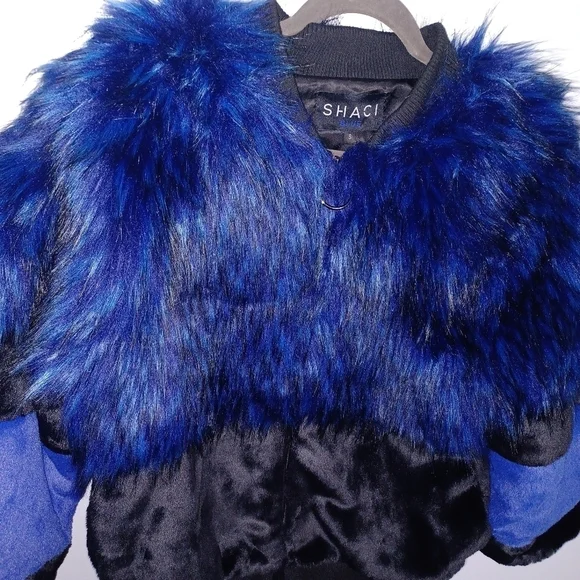 Shaci Blue- Blue and Black Faux Fur Coat W Sz Small - Picture 3 of 12